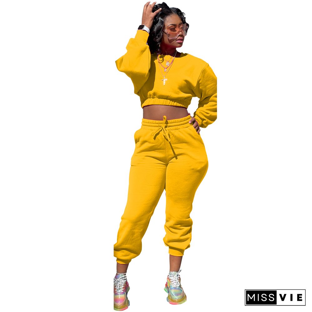 Thicken Long Sleeve Crop Top Sweatpants Set