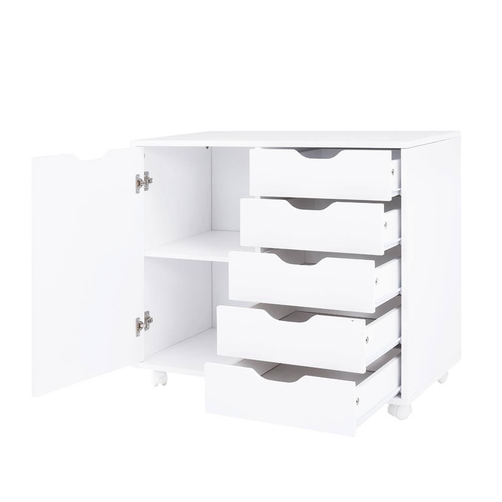 HOMESTOCK White 5 Drawer Wood Storage Dresser Cabinet with Shelves Wheels Craft Storage Makeup Drawer File Cabinet 99957