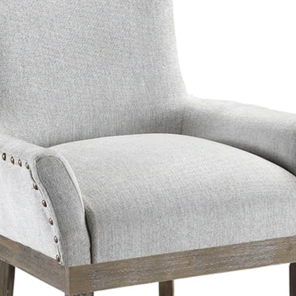 20 Inch Solid Wood Arm Chair， Nailhead Trim， Flared Track Arms， Gray