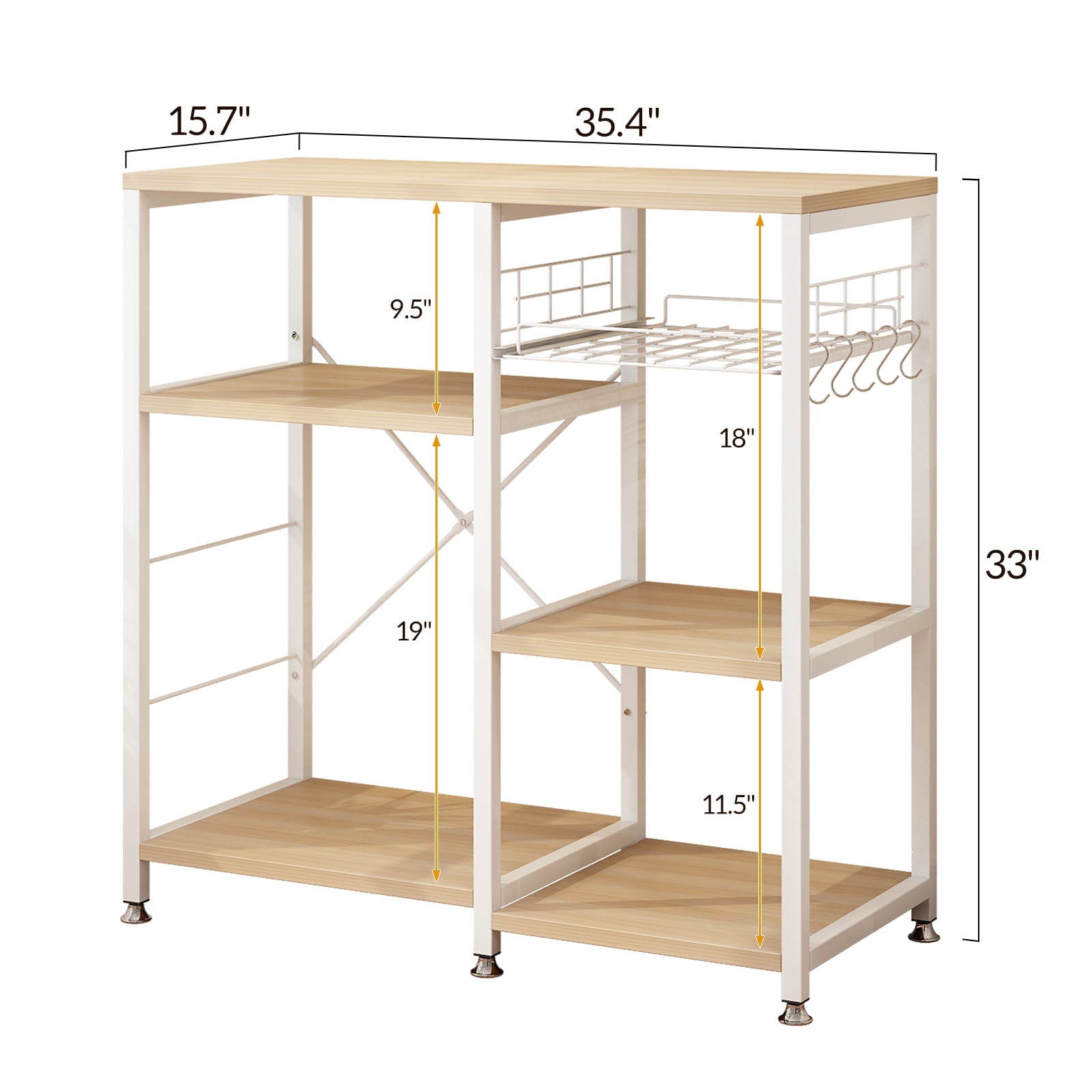 Winado 5 Tiers Vintage Kitchen Baker's Rack Microwave Oven Stand with Kitchen Storage Shelf Rack Hooks， White Oak and Metal Frame