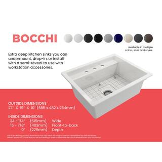 BOCCHI Baveno Uno White Fireclay 27 in. Single Bowl UndermountDrop-In 3-hole Kitchen Sink wIntegrated WS and Acc. 1633-001-0127