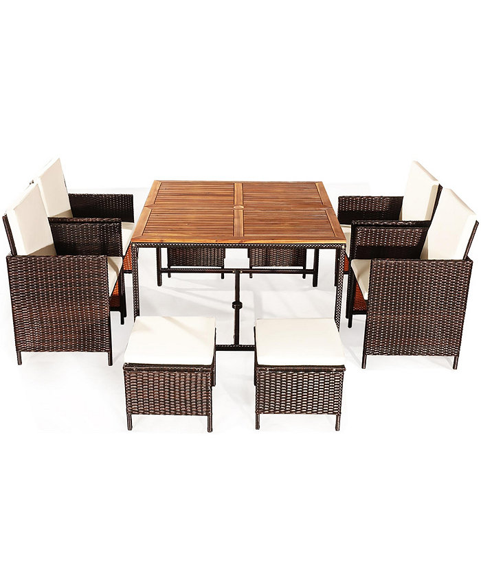 Costway 9PCS Patio Rattan Dining Set Cushioned Chairs Ottoman Wood Table Top