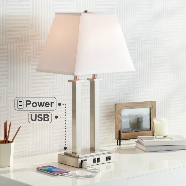 High Brushed Nickel With Usb And Ac Power Outlet In Base White Linen Shade For Bedroom Bedside Desk