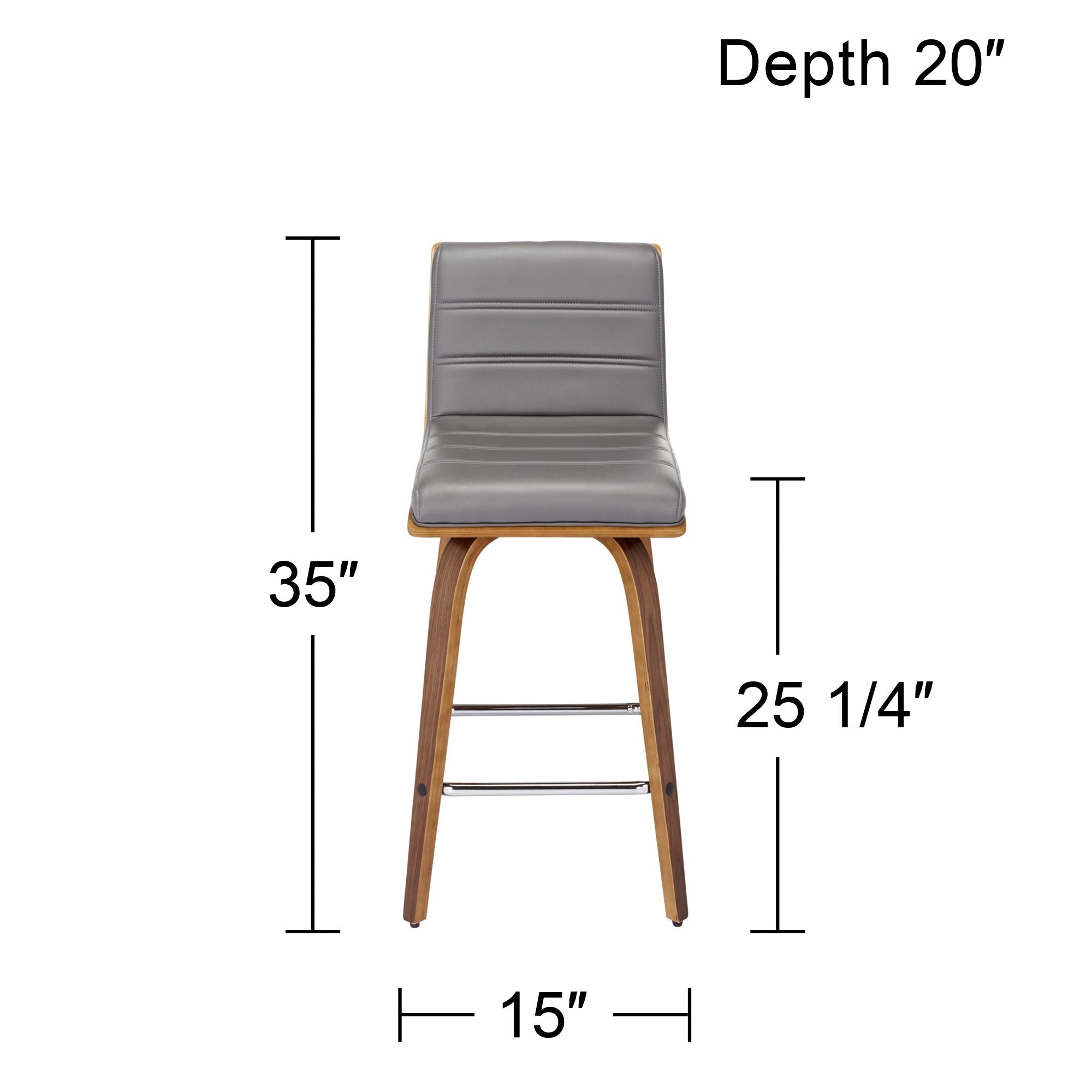 Armen Living Walnut Swivel Bar Stool 25 1/4 High Modern Gray Cushion with Backrest Footrest for Kitchen Counter Height Island