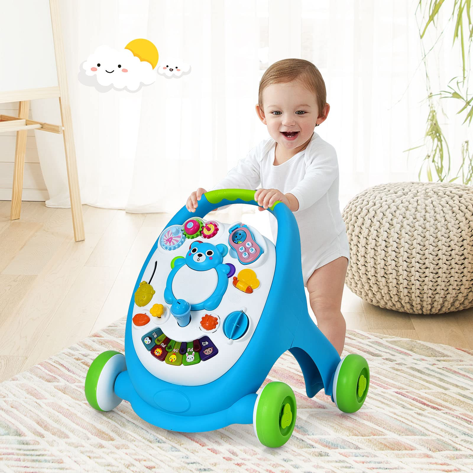 BABY JOY Sit-to-Stand Learning Walker, Early Education Activity Center with Lights & Sounds