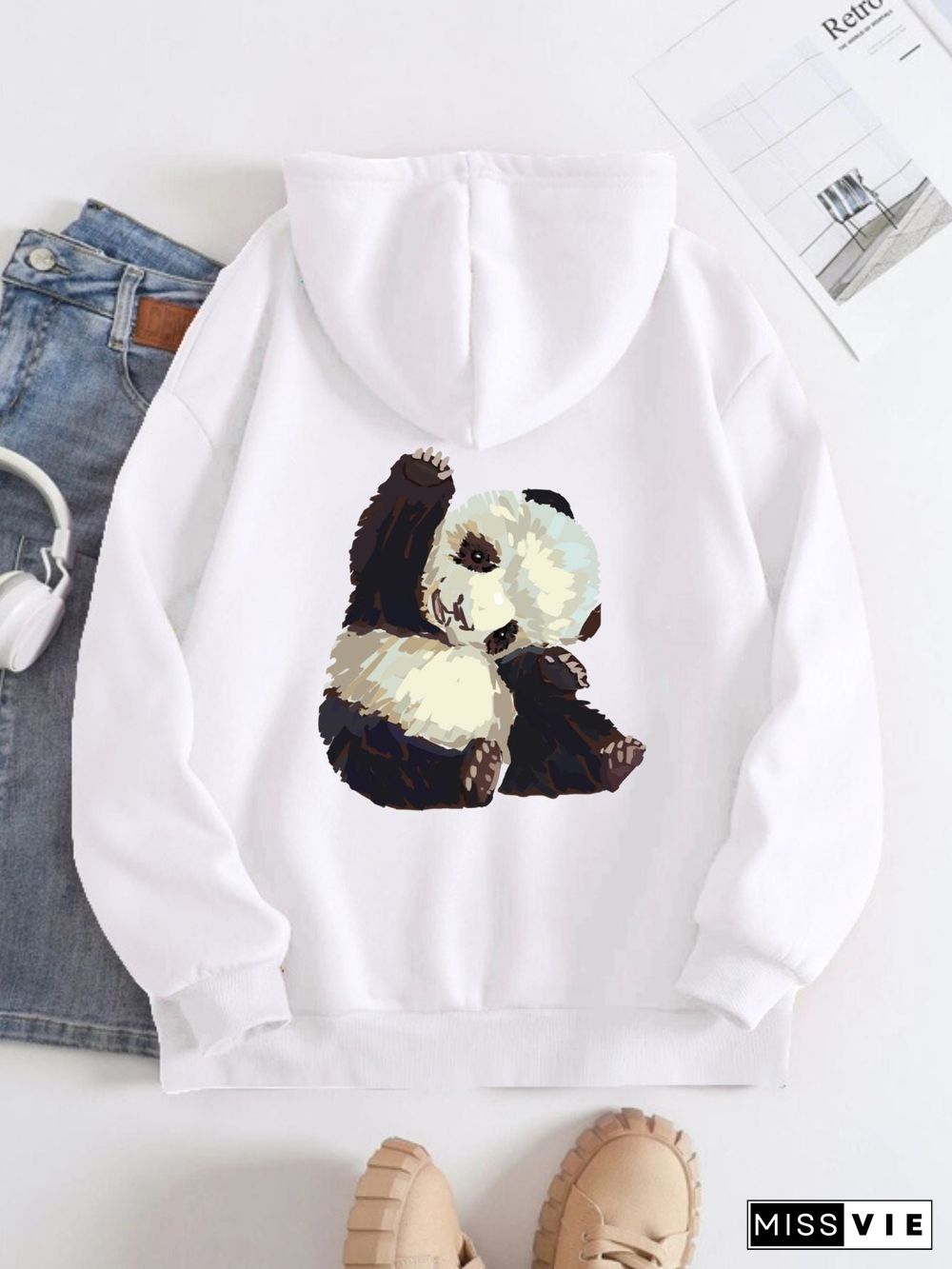 Printed on the Back Kangaroo Pocket Hoodie Long Sleeve for Women Pattern Panda