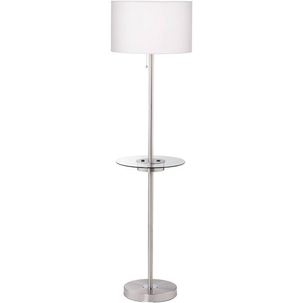 Tall Brushed Nickel Usb And Ac Power Outlet Off White Fabric Drum Shade For Living Room