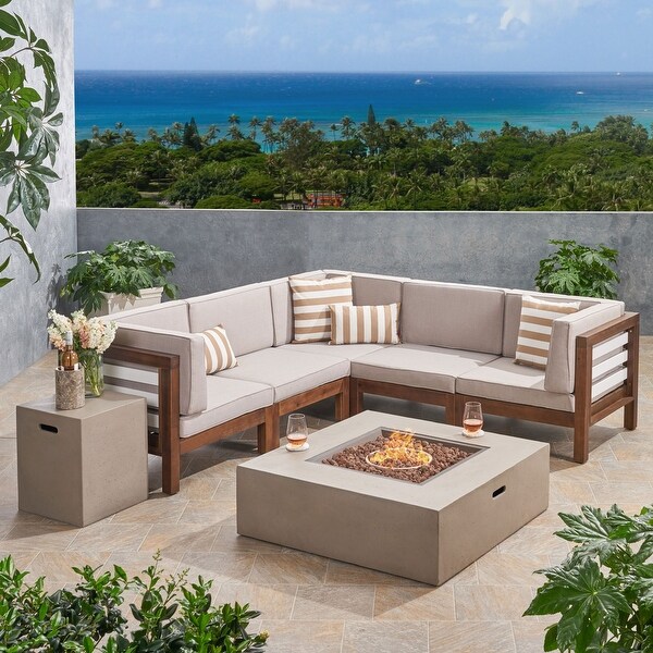 Oana Outdoor 5Seater VShaped Acacia Wood Sectional Sofa Set with Fire Pit by Christopher Knight Home