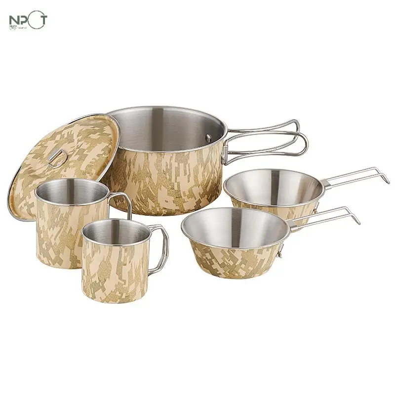 NPOT 6PCS Camping Cookware Set Camaflage Compact Stainless Steel Campfire Cooking Pots and Pans Kit Outdoor Cook Set for Hiking