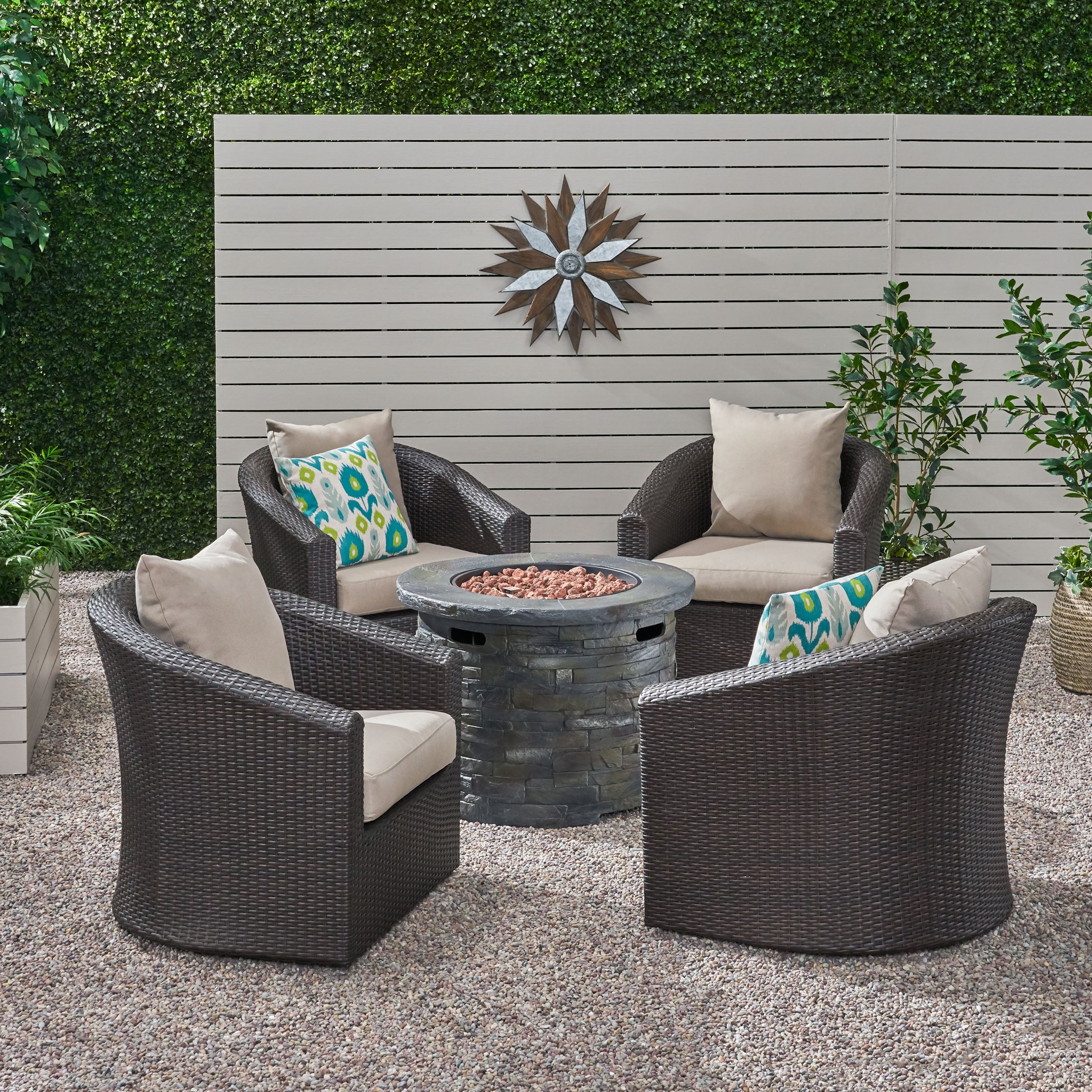 Gletchburg Outdoor 5 Piece Fire Pit Wicker Swivel Club Chair Chat Set