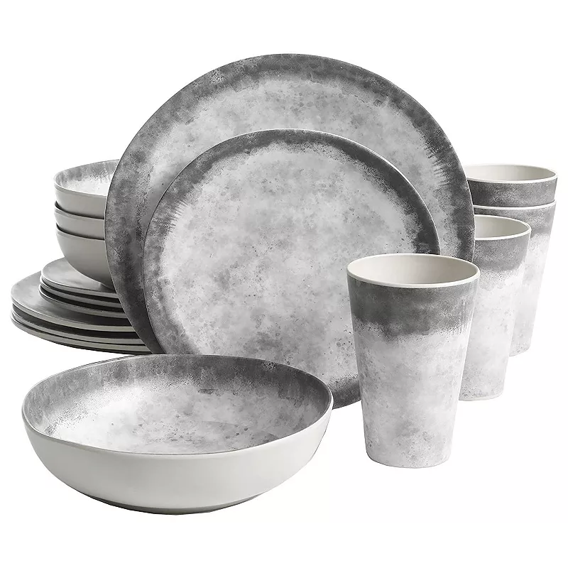 Gibson Home Granite 16 Piece Round Melamine Plate， Bowl， and Cup Dinnerware Set