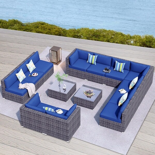 OVIOS 14piece Deep Seat Wicker Conversation Sectional Set with Glasstop Table