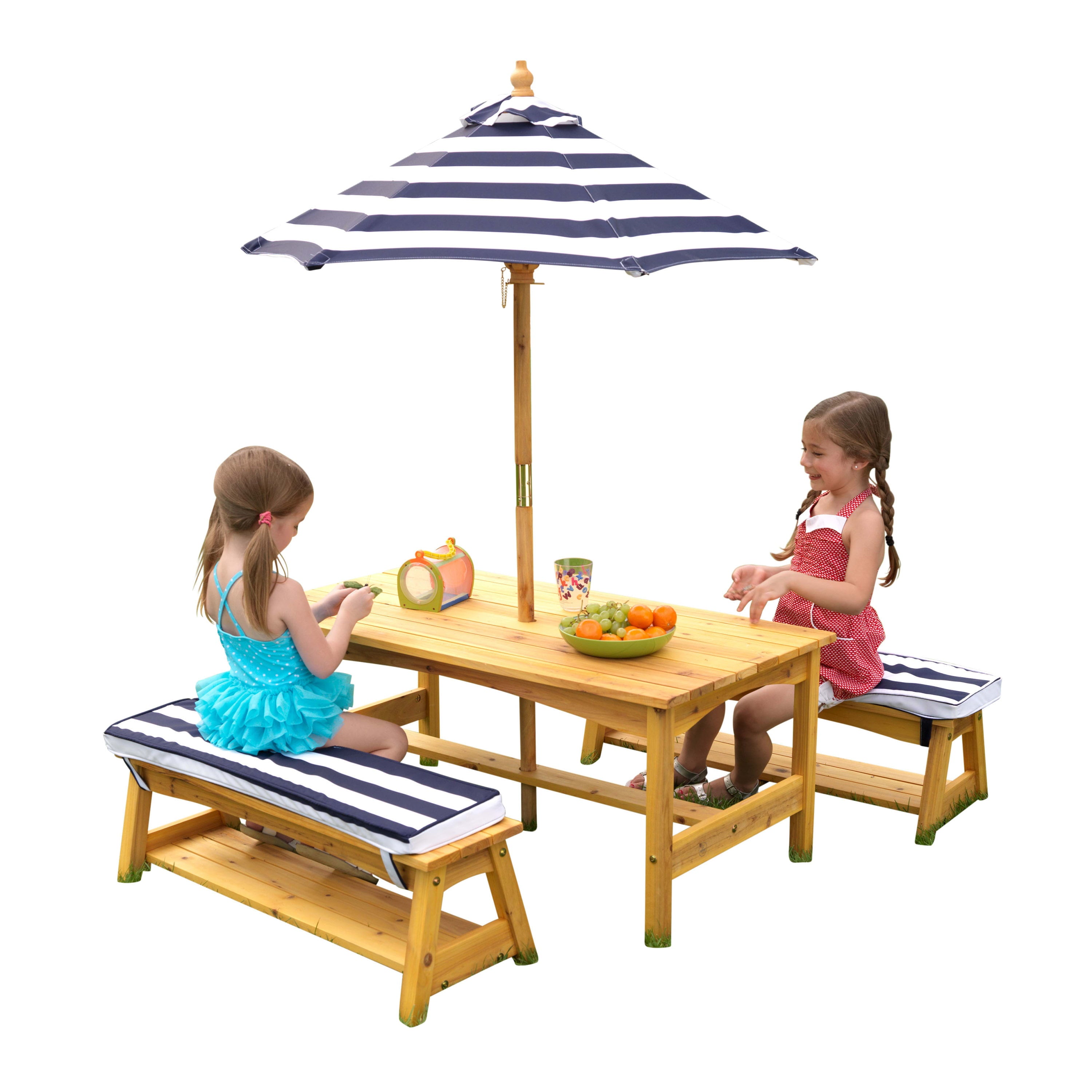 KidKraft Outdoor Wooden Table & Benches with Cushions & Umbrella, Navy