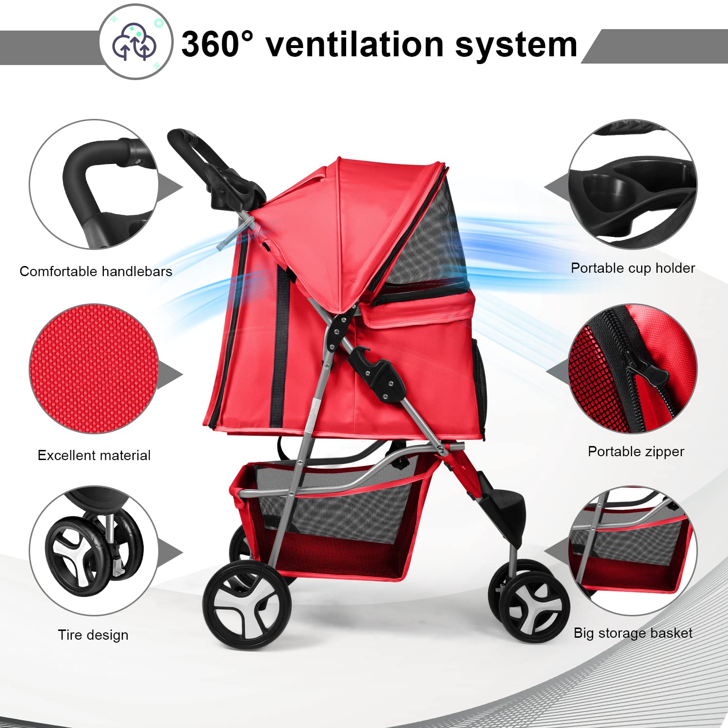 Pet Stroller 3 Wheel Foldable Cat Dog Stroller with Storage Basket and Cup Holder for Small and Medium Cats， Dogs， Puppy (Red)