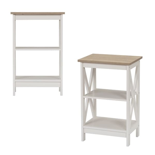 Set of 2 End Table， 3-Tier Wood Nightstand Side Table with X-Design Side for iving Room， Bedroom， Ivory White