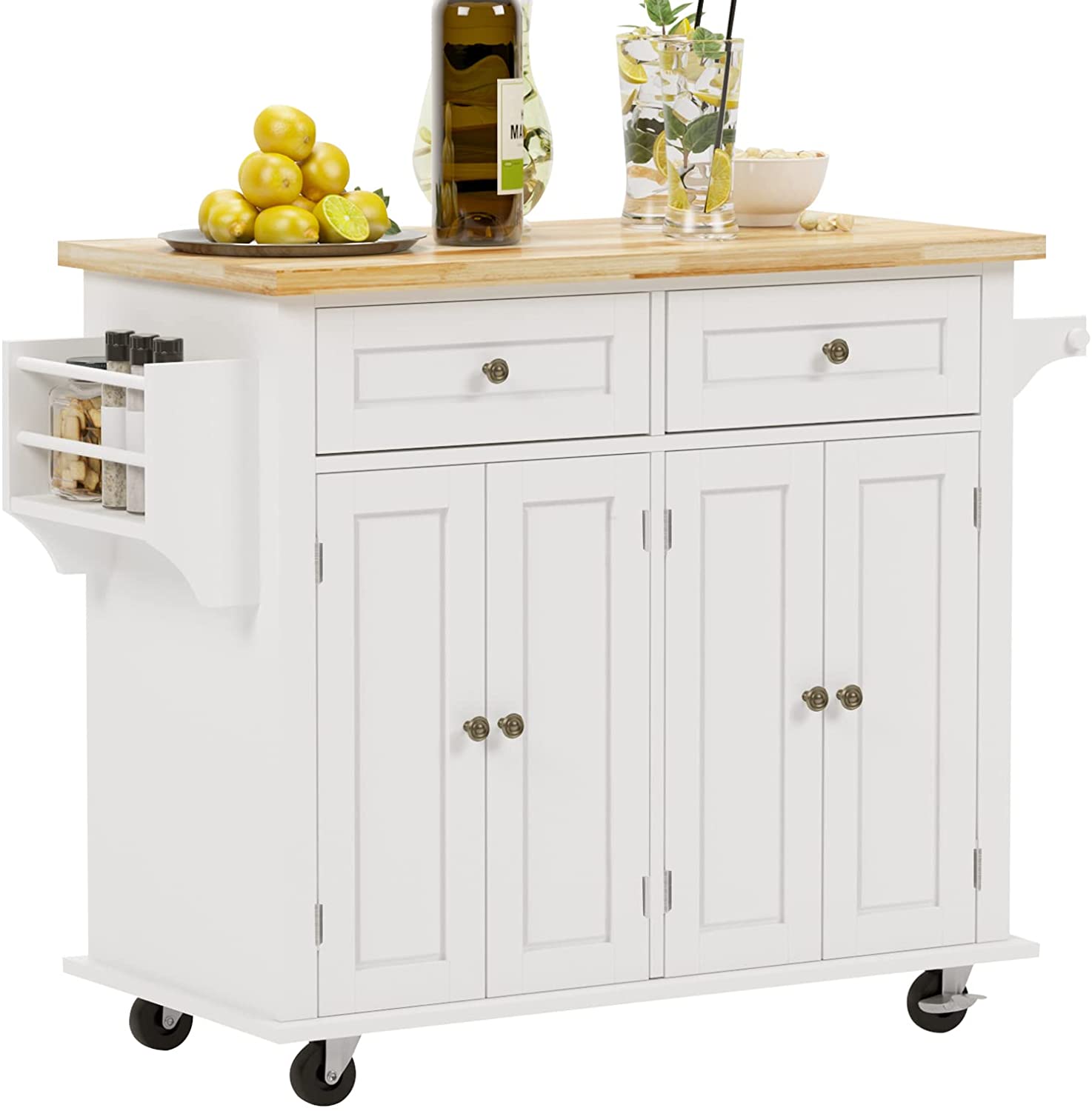 Soges Kitchen Island Trolley Cart Brown Wood Top Rolling Storage Cabinet White