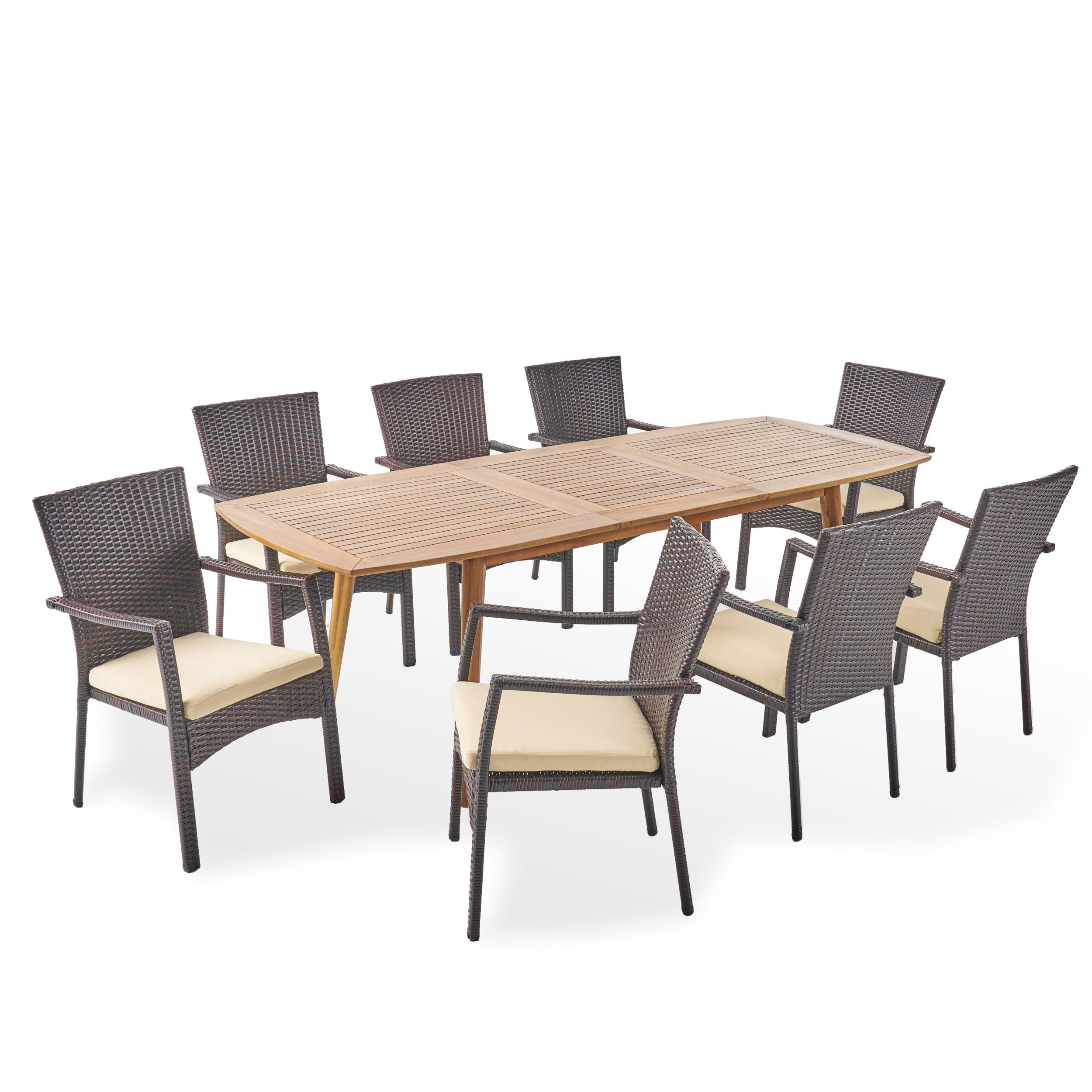 Jabari Outdoor Wood and Wicker Expandable 8 Seater Dining Set