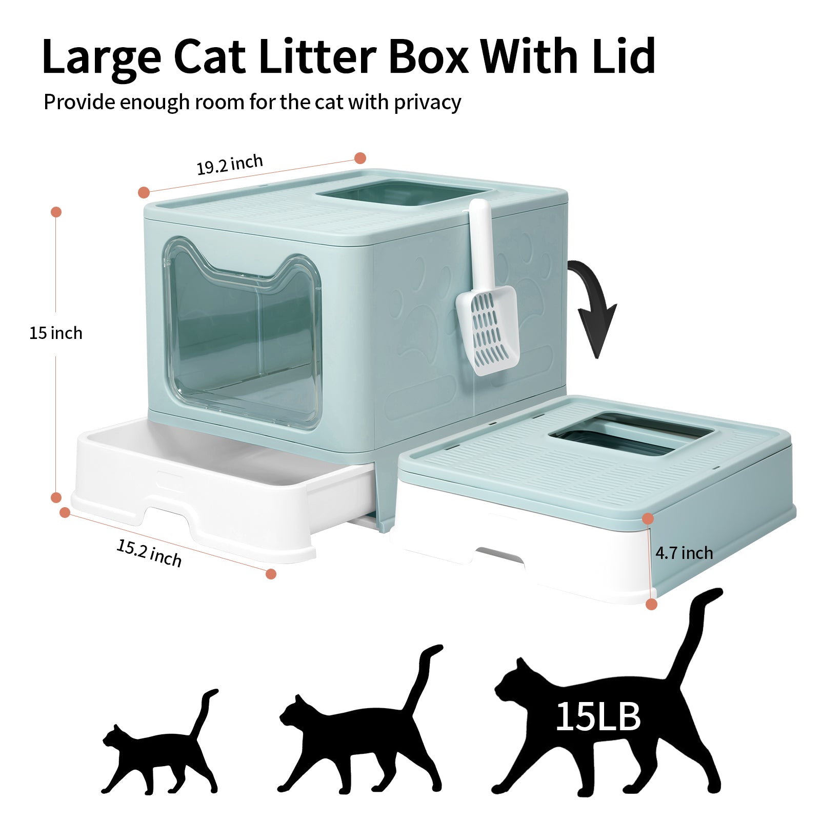 WiseWater Large Foldable Cat Litter Box with Lid， Top Entry Kitty Litter Box with Pet Plastic Scoop， Blue