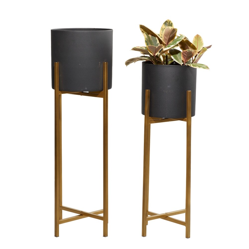 Black Metal Indoor Outdoor Planter with Removable Gold Stand (Set of 2)   12 x 12 x 36Round