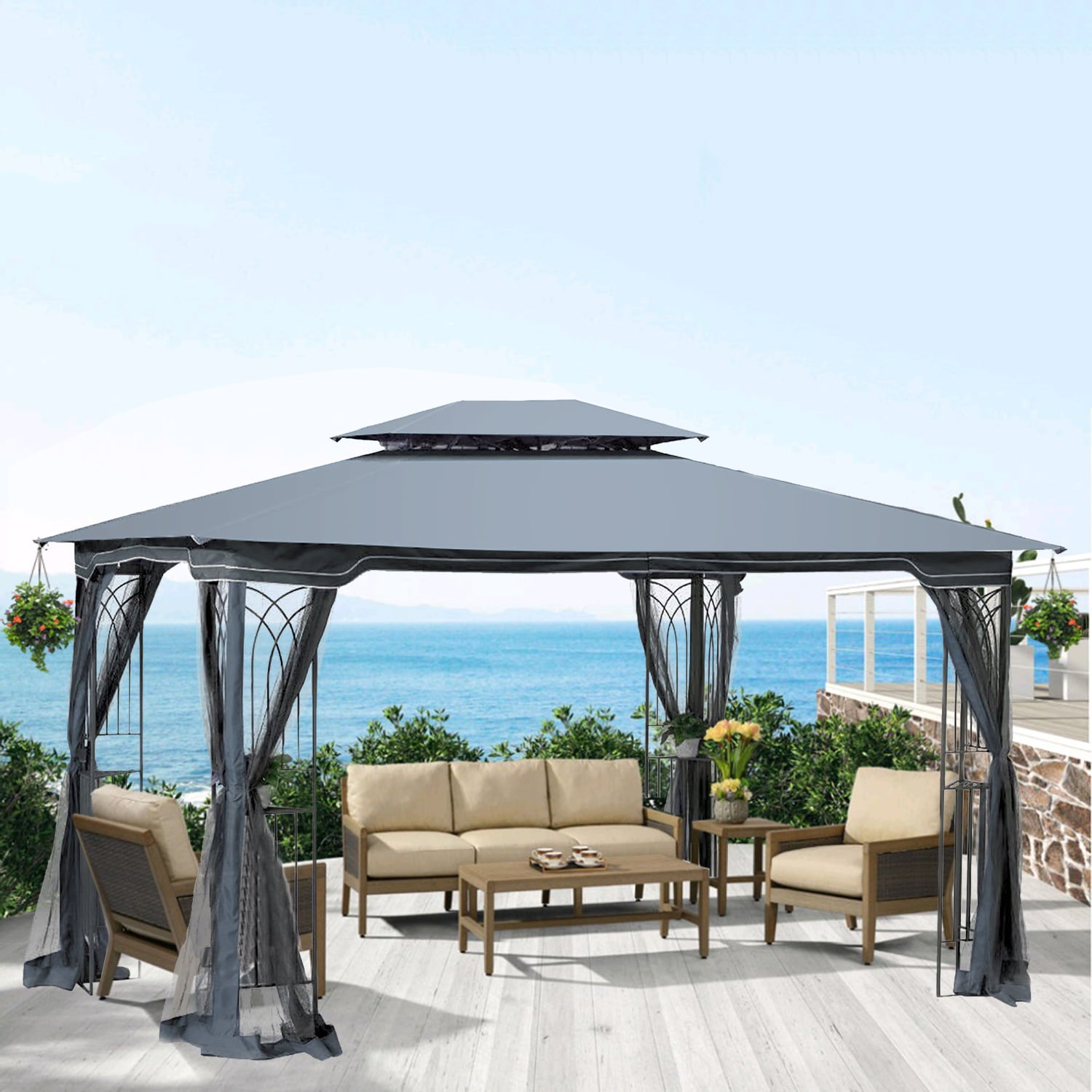 Unique Choice 13 x 10 ft Outdoor Patio Gazebo Canopy Tent with Mesh, Gray