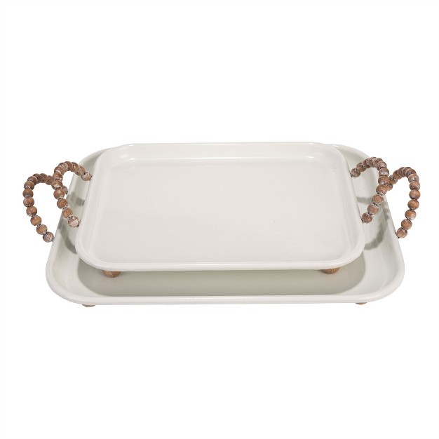 Set Of 2 White Enamel Decorative Trays With Wood Bead Handles Foreside Home amp Garden