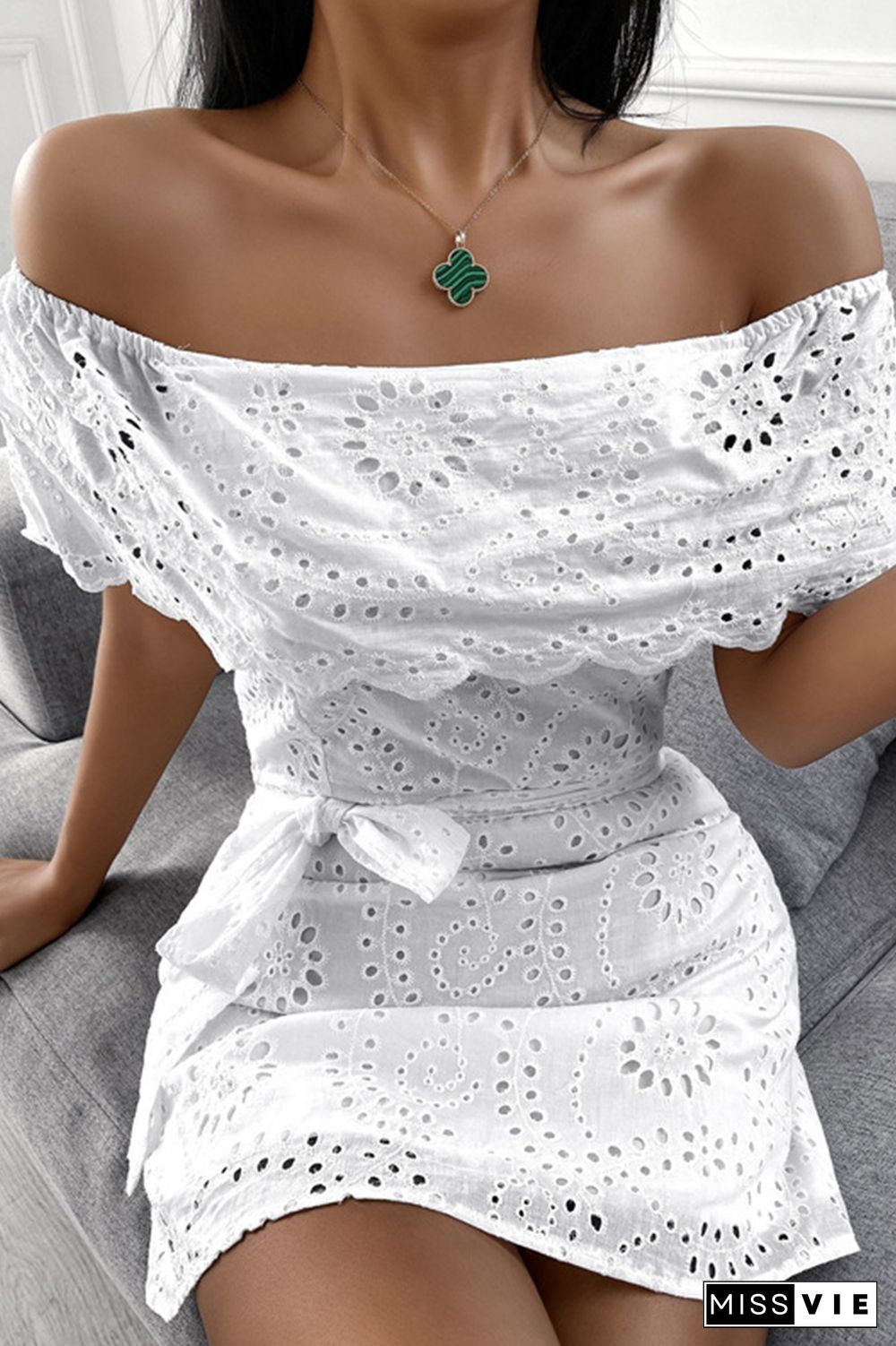 Fashion Elegant Solid Embroidered Hollowed Out Strap Design Off the Shoulder Waist Skirt Dresses