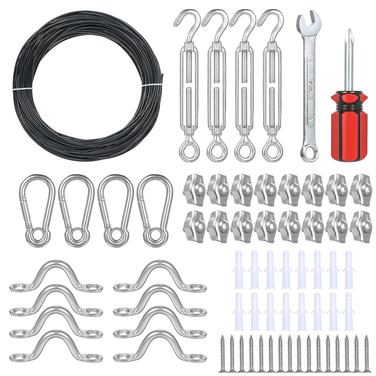 66 Pcs Of Components: 4 Turnbuckle/ 4 Snap Hook/ 8 Eye Strap/ 16 Screw/ 16 Wire Rope Clamp/ 1 Screw Driver/ 1 Wrench/ 1 Roll 164ft Coated Stainless St