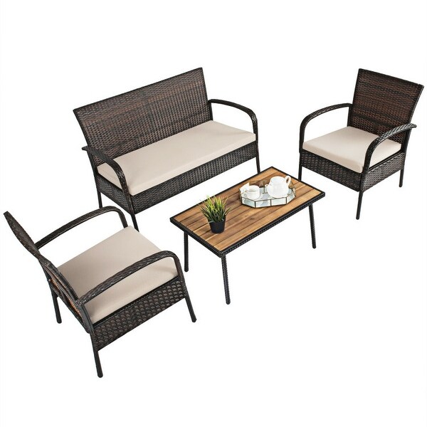 4Pcs Patio Rattan Outdoor Conversation Set with Cushions