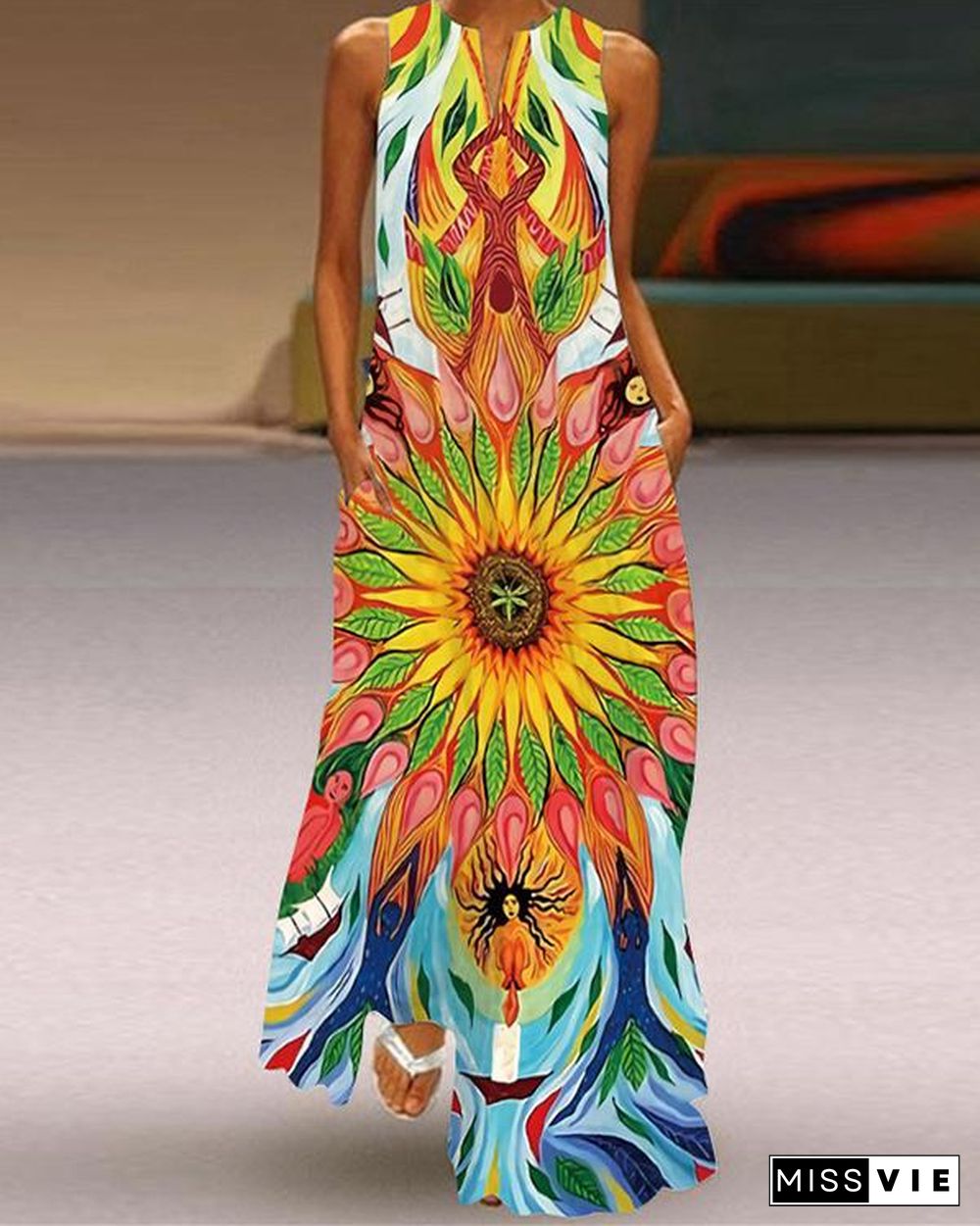 Western Style Sleeveless Pockets Printed Long Dress