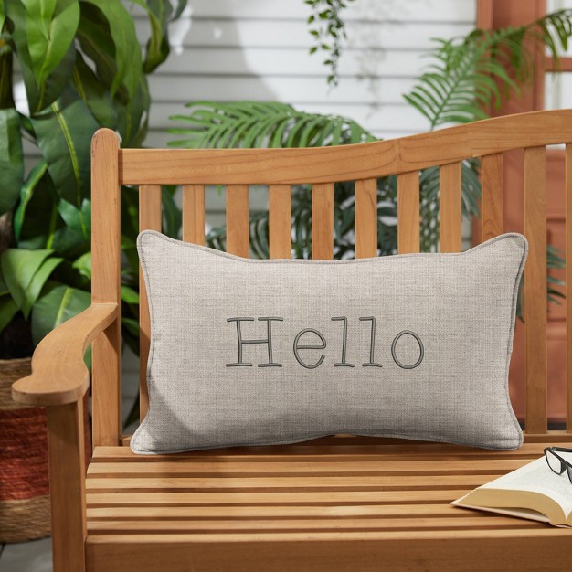 Indoor outdoor Hello Embroidered Lumbar Throw Pillow Sorra Home