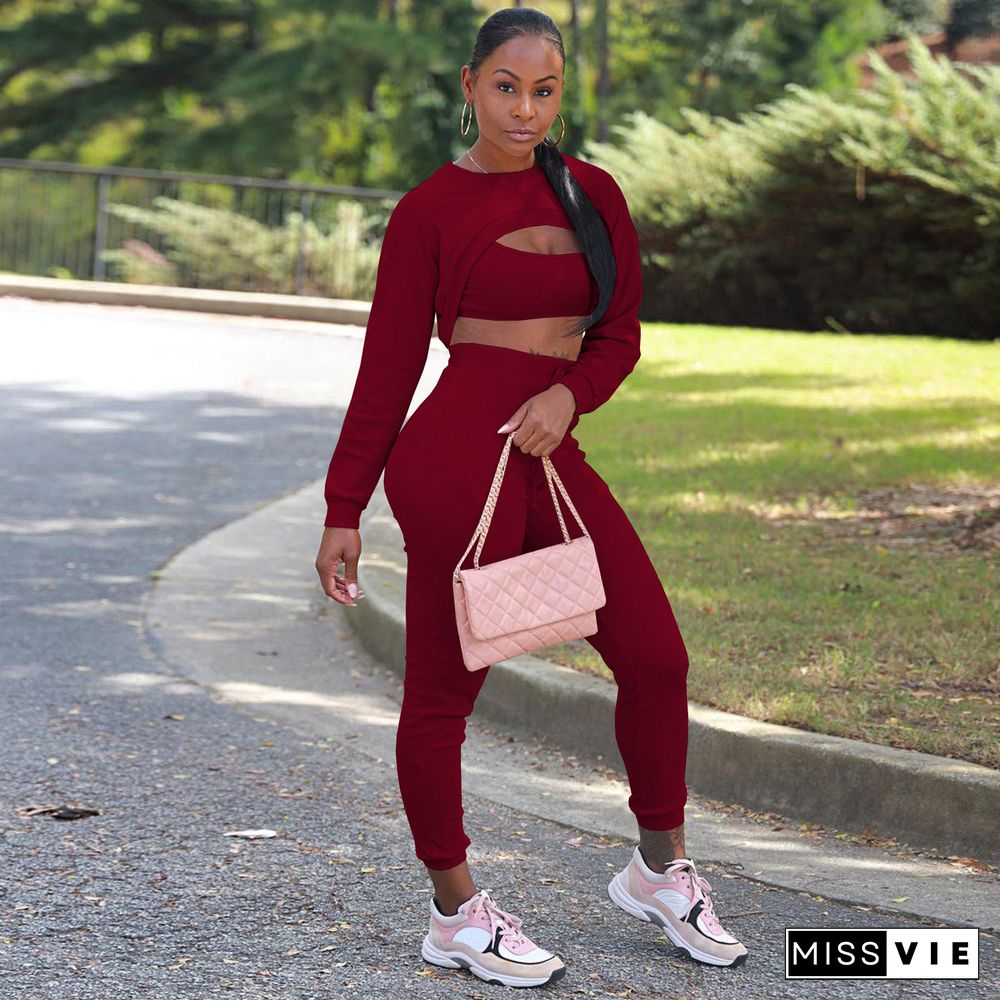 Long Sleeve Crop Top And Pants 3 Piece Sweatsuits