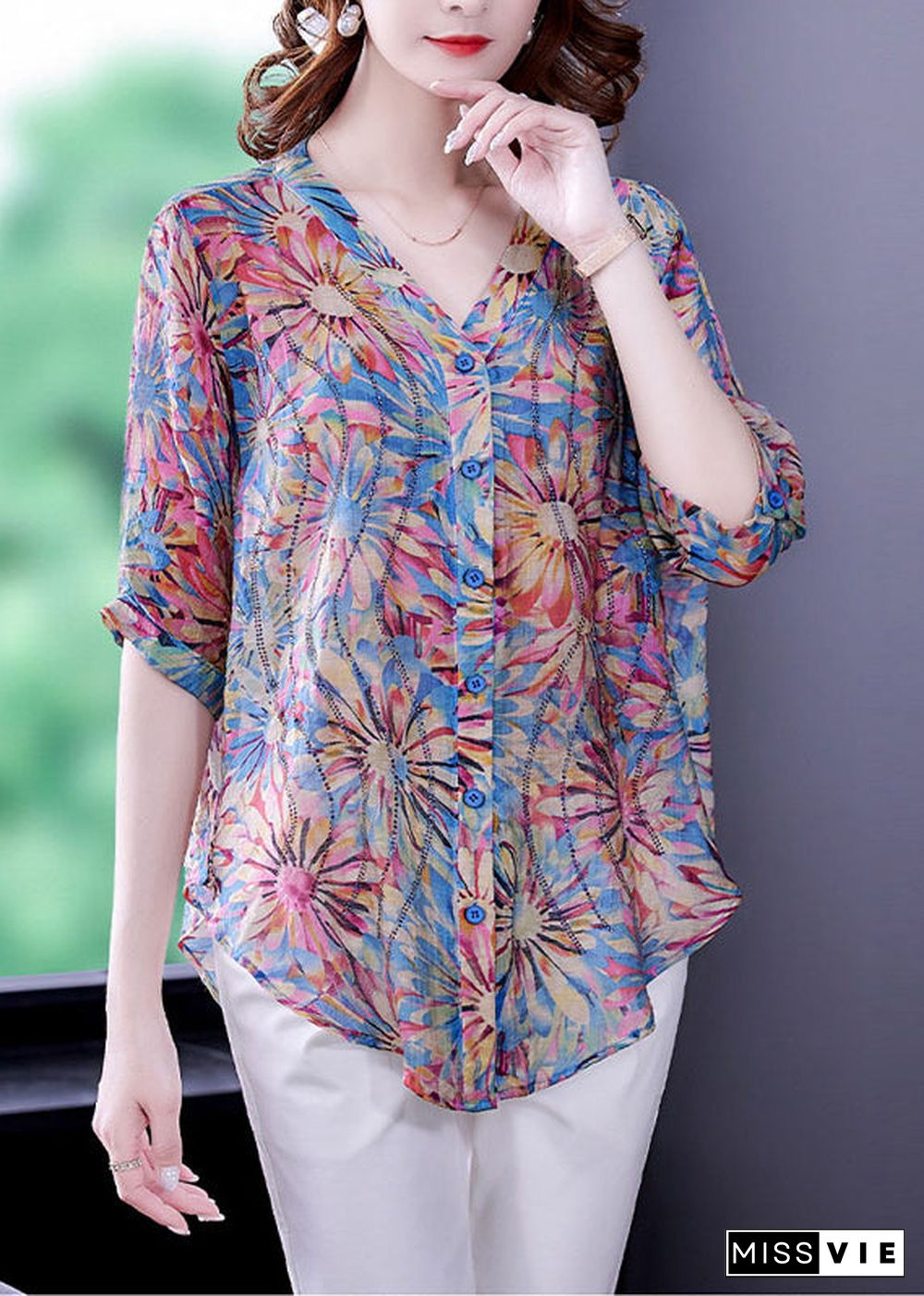 Plus Size Blue V Neck Button Print Chiffon Shirt Top Half Sleeve