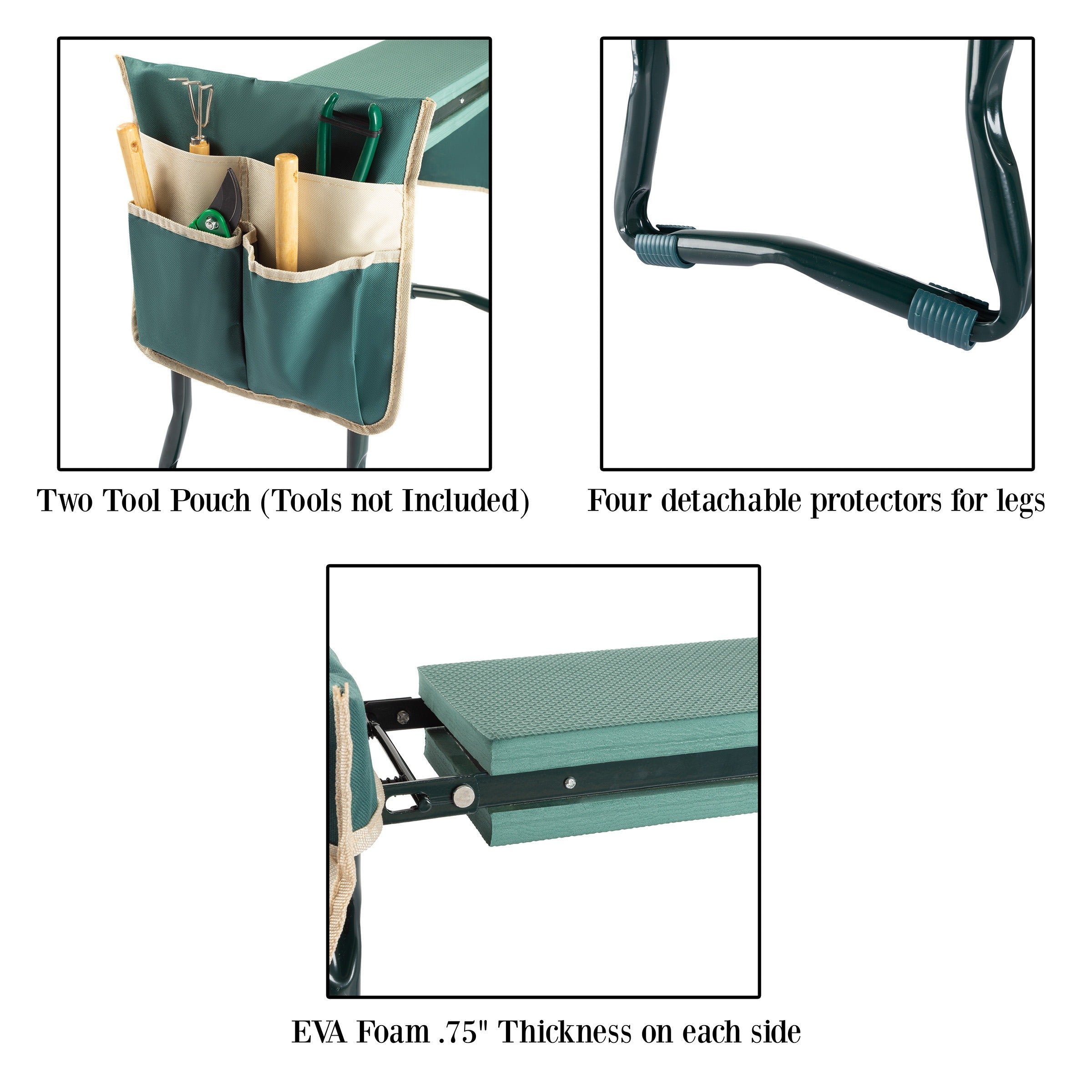 Kneeler Bench - Foldable Stool with 2 Tool Pouches (Green)