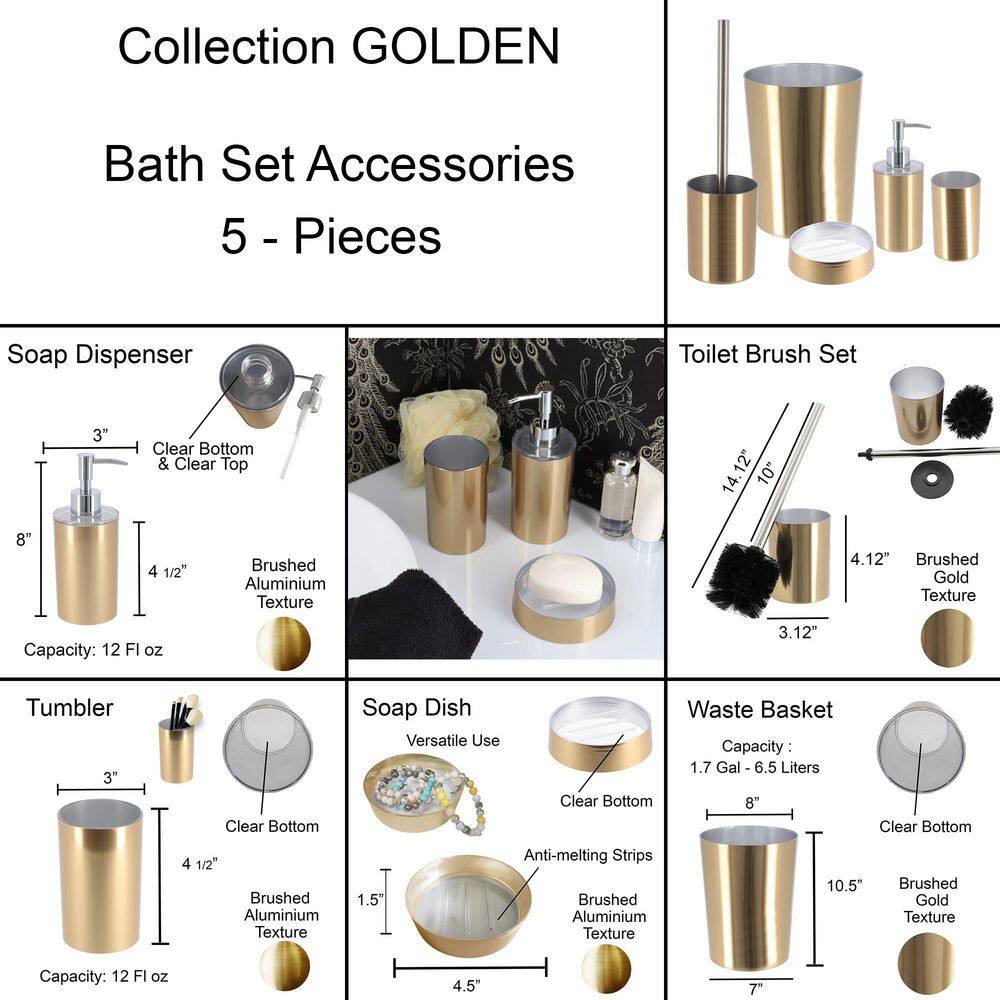 Golden 5-Pieces Bath Accessory Set with Soap Pump Tumbler Soap Dish and Toilet Brush Holder in Gold Effect SET5GOLDEN198