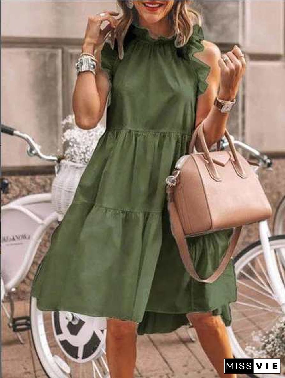 Casual Loose Sleeveless Solid Color Large Round Neck Long Dress