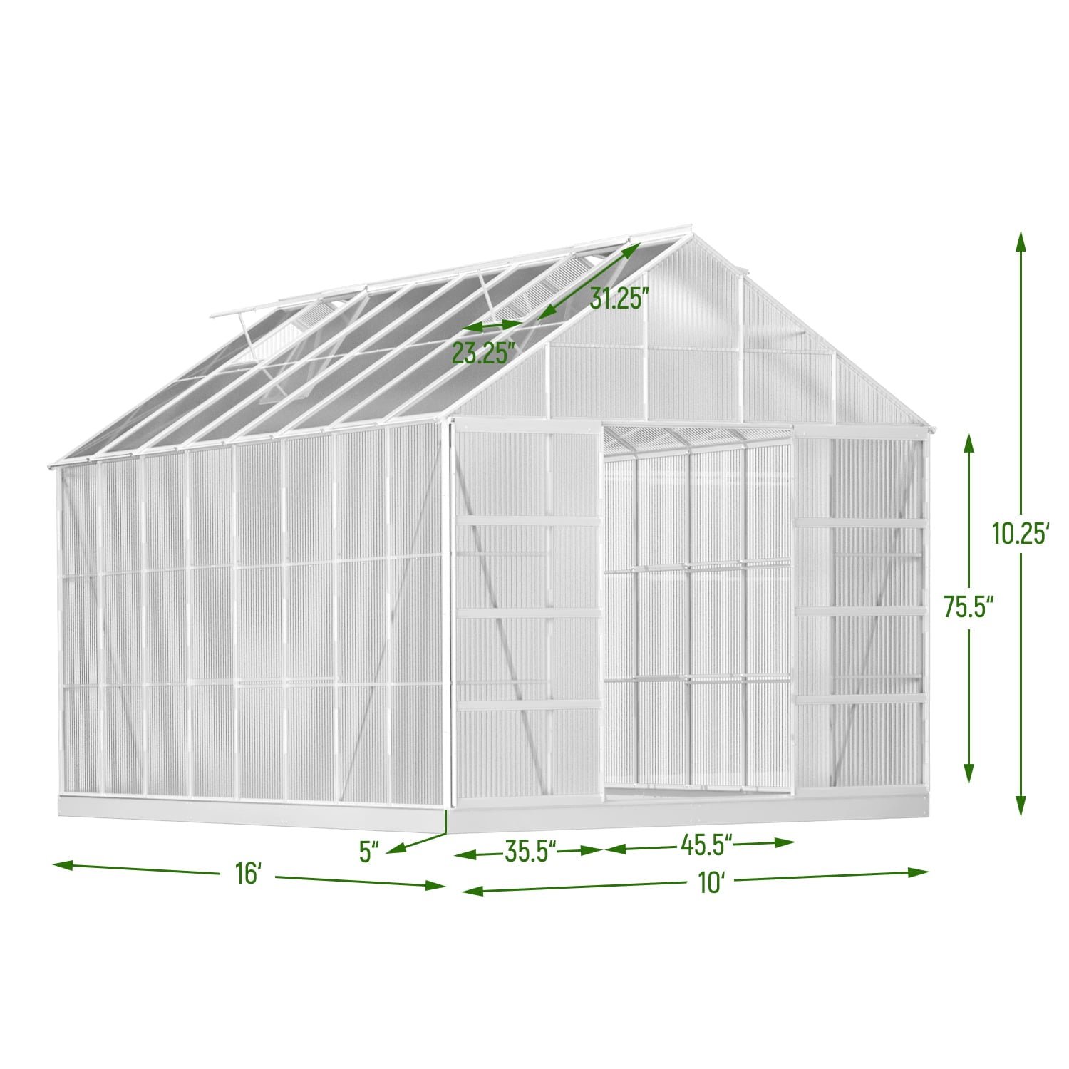 Mellcom 10' x 16' Walk-in Hobby Greenhouse, Outdoor Sliver Aluminum Frame Polycarbonate Green House with Adjustable Roof Vent