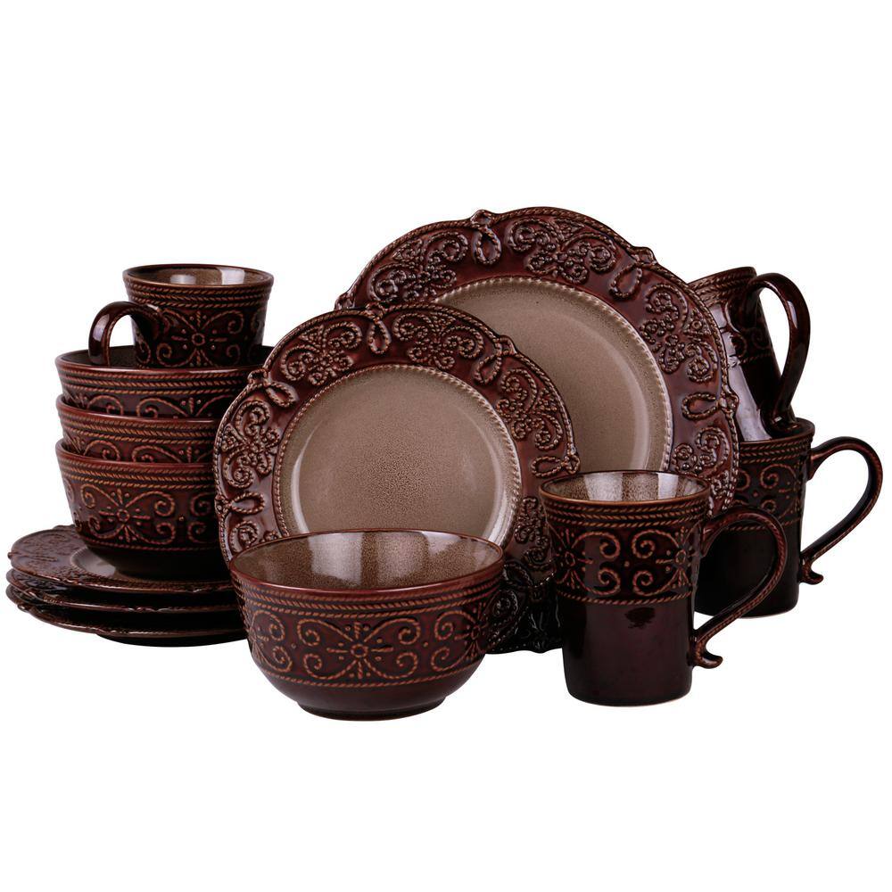 Elama Salia 16-Piece Traditional Brown Stoneware Dinnerware Set (Service for 4) 985106200M