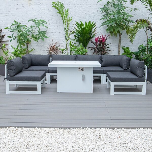 LeisureMod Chelsea 7Piece White Patio Sectional With Fire Pit Table