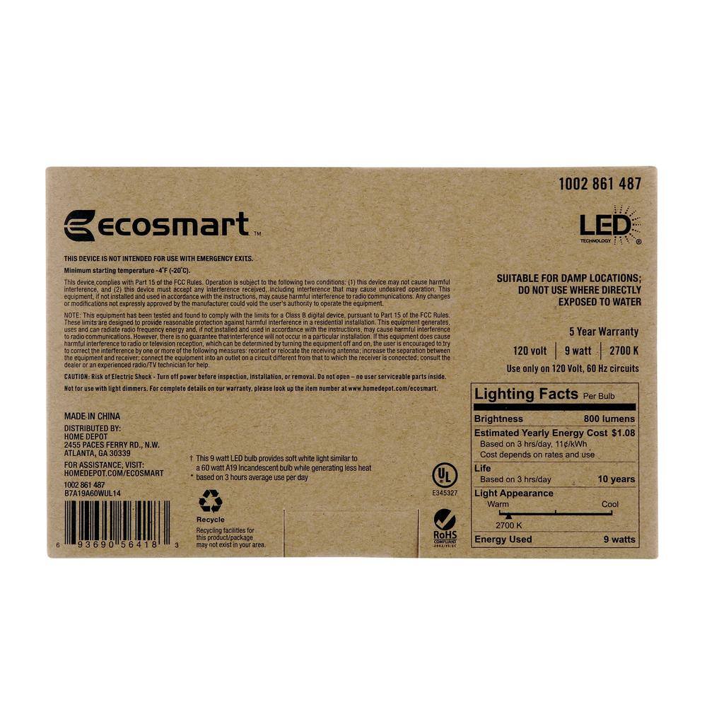 EcoSmart 60-Watt Equivalent A19 Non-Dimmable LED Light Bulb Soft White (4-Pack) B7A19A60WUL14