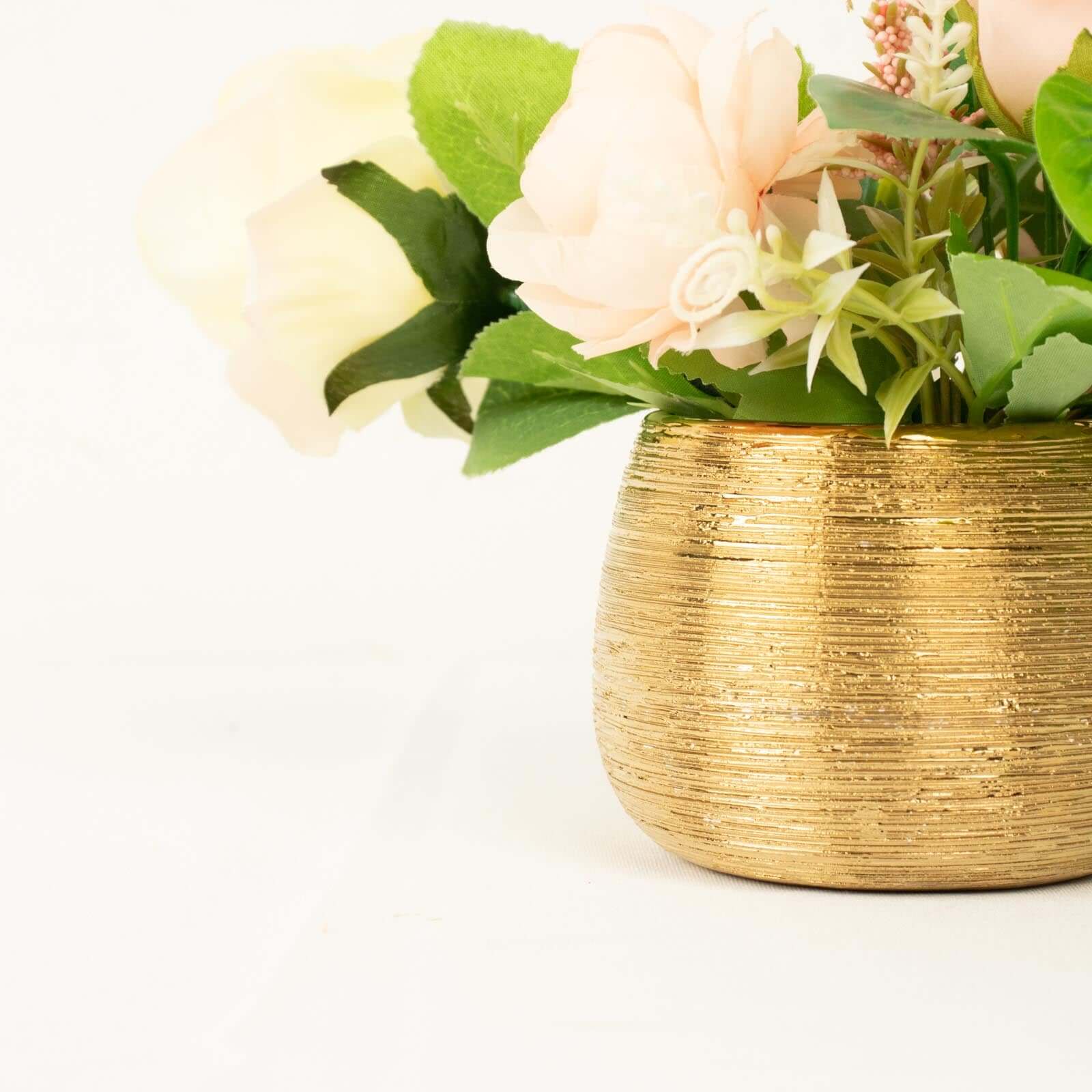 4 Pack Gold Textured Ceramic Flower Vase Pots, Round Brushed Indoor Planters 3