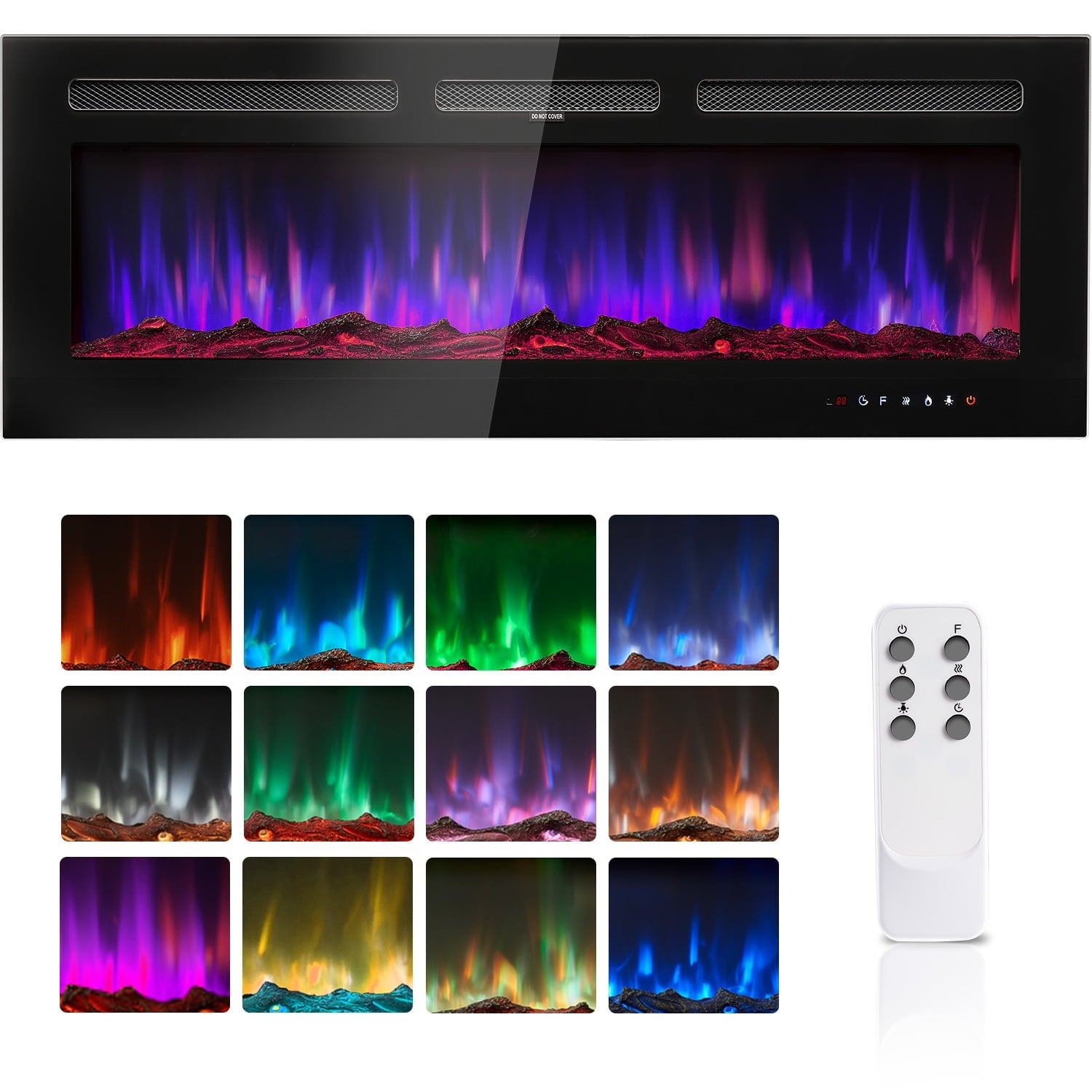 BaPiPro 50 inch Electric Fireplace, Recessed Wall Mounted Electric Fireplace inserts,Ultra Thin, 750W/1500W, 12 Color Flame, Remote Control, Log Set & Crystal