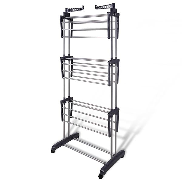 Aquaterior Laundry Folding Clothes Dryer Rack 3 Tiers w/ Casters Dark Gray