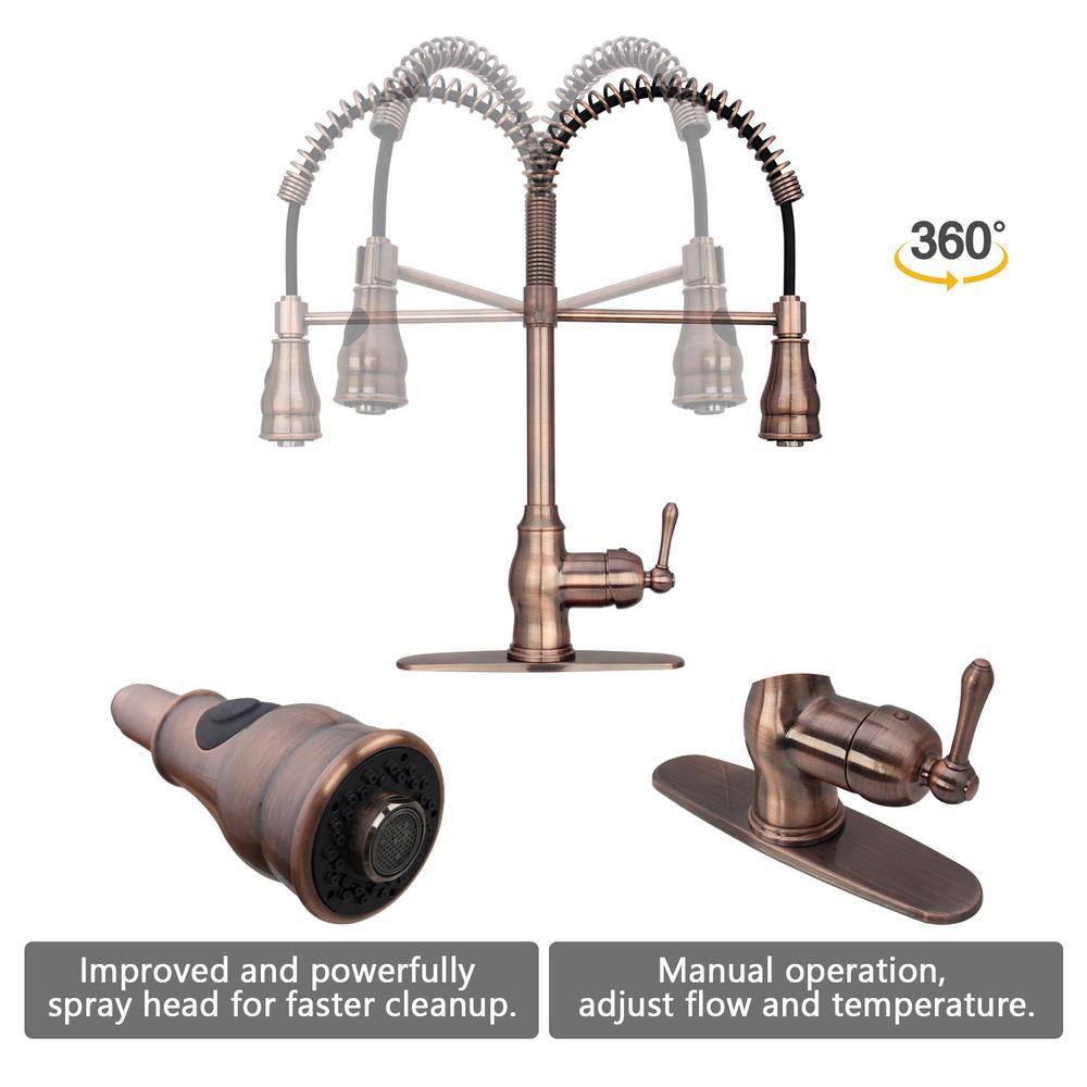 Akicon Single-Handle Pre-Rinse Spring Pull-Down Sprayer Kitchen Faucet in Antique Copper AK518-AC