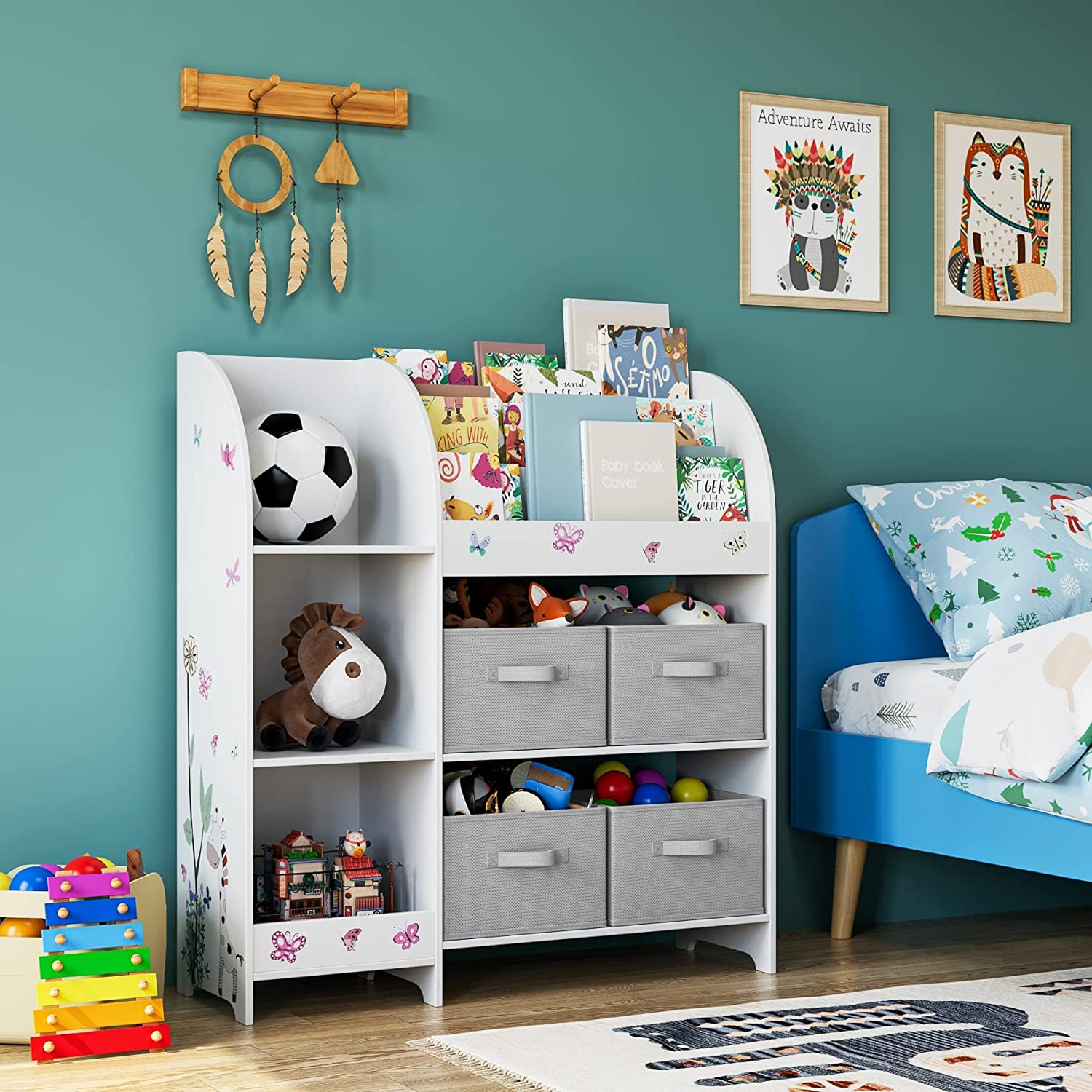 Kids Toy Storage Unit Toy Rack with Storage Boxes Bookshelf Rack Cabinet