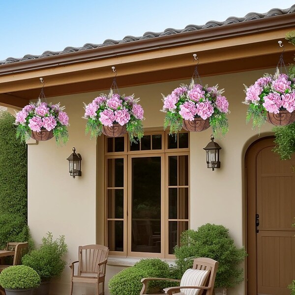 Artificial Flowers in Hanging Basket Planter for Home Spring Summer Decoration，Silk Hydrangea Outdoor Indoor Arrangements