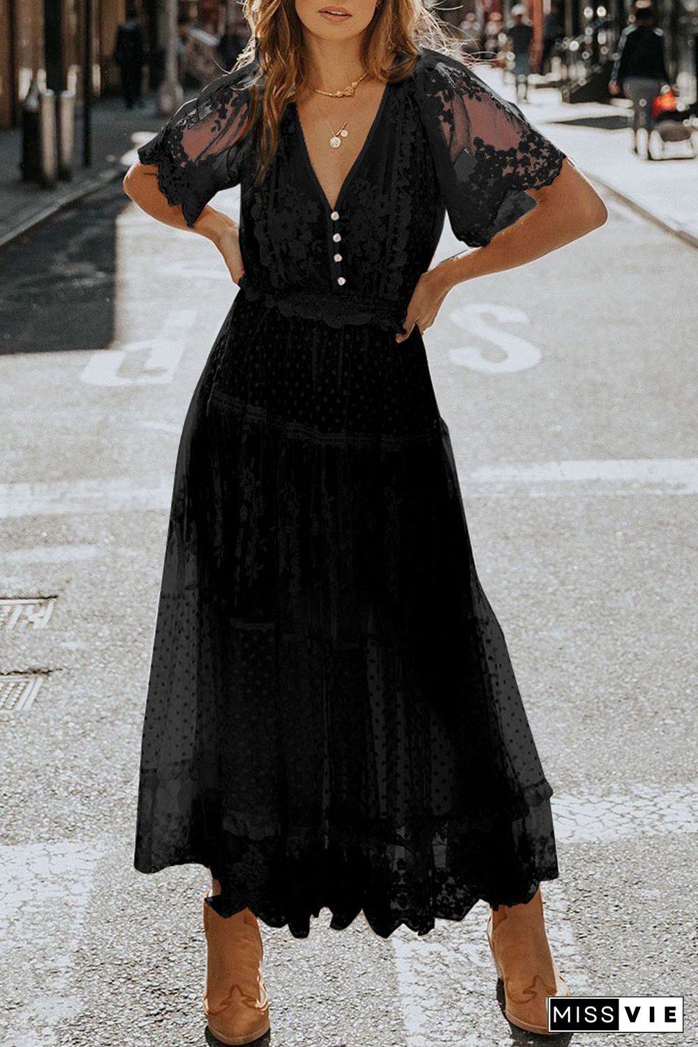 Black Luminous Dawn Lace Gown