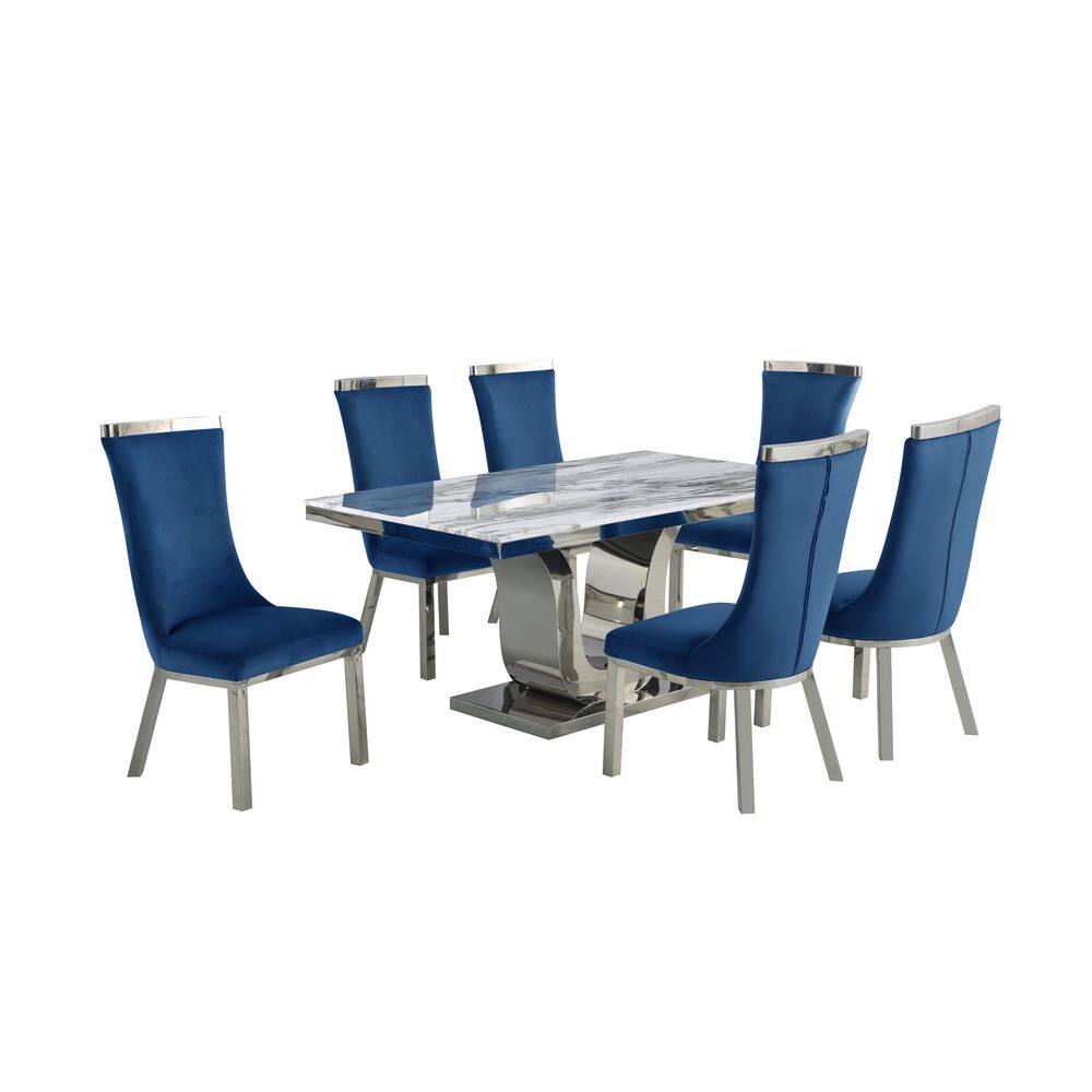 Best Quality Furniture Ada 7-Piece White Marble Top with Stainless Steel Base Table Set with 6-Navy Blue Velvet Chairs D14-6SC271