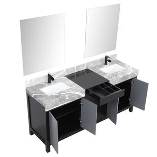 Lexora Zilara 72 in W x 22 in D Black and Grey Double Bath Vanity Castle Grey Marble Top Matte Black Faucet and 28 in Mirrors LZ342272DLISM28FCM