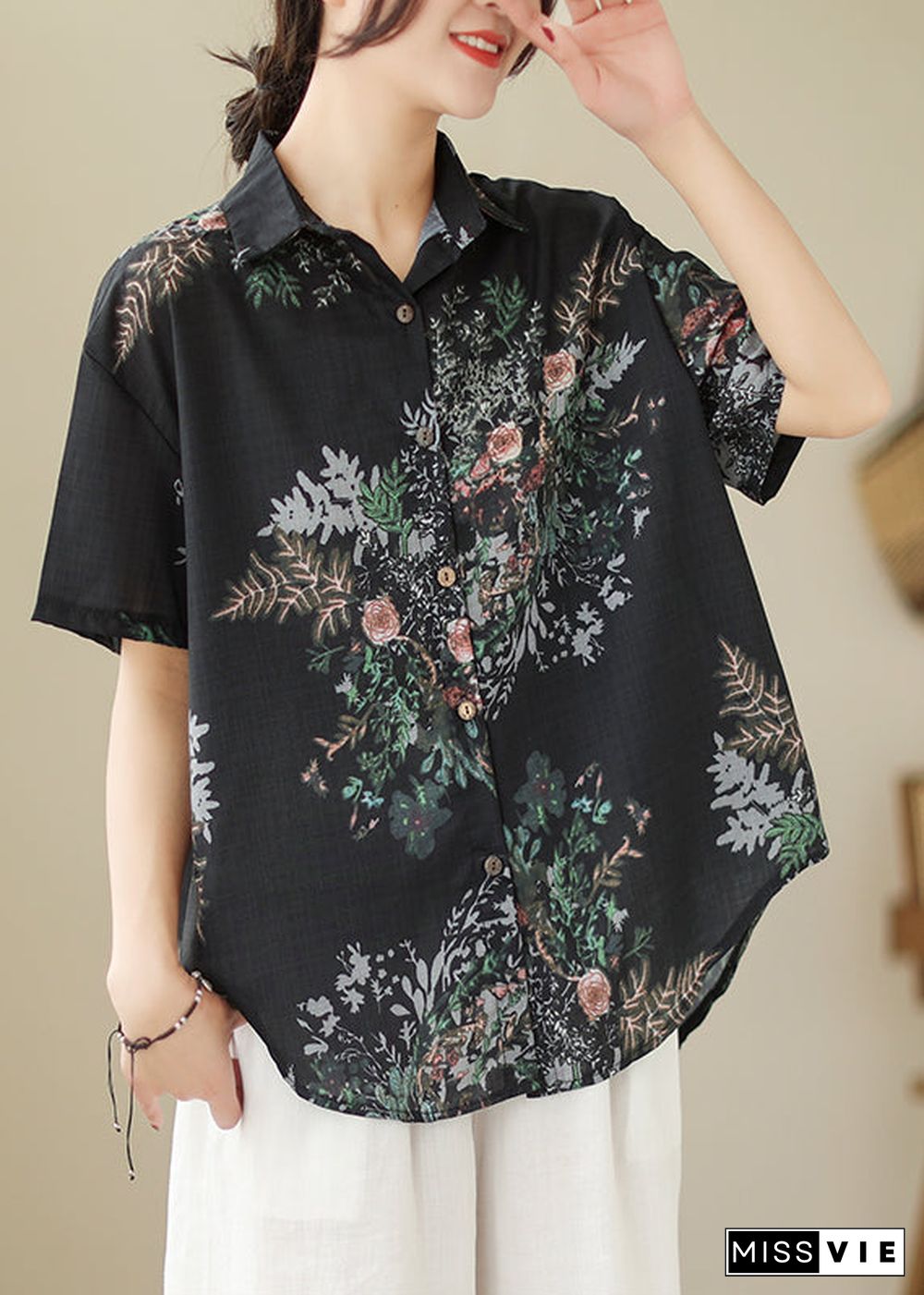 Organic Black Oversized Print Linen Blouses Summer