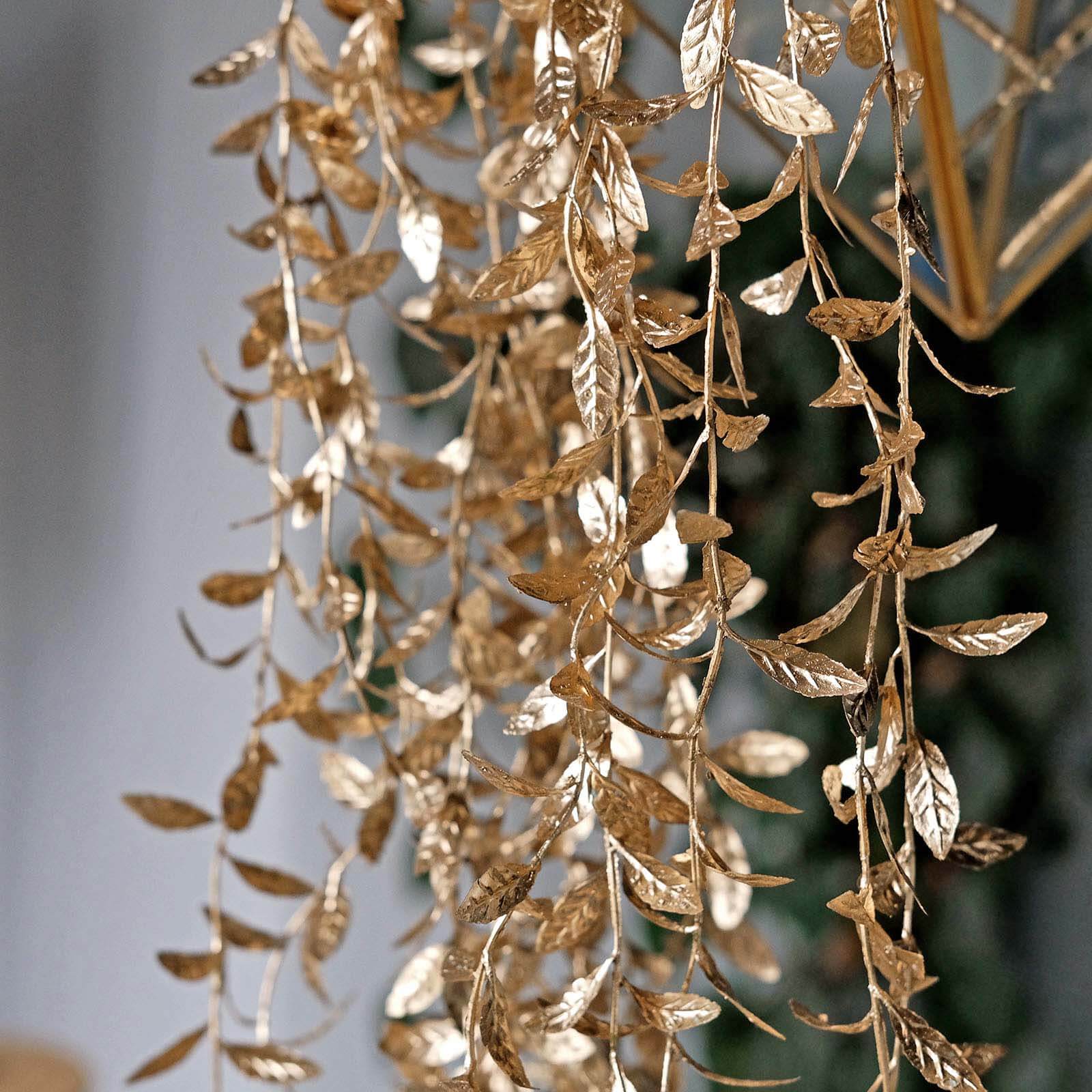 2 Pack Metallic Gold Artificial Hanging Ivy Leaf Stem Garlands, Faux Decorative Willow Vines 41